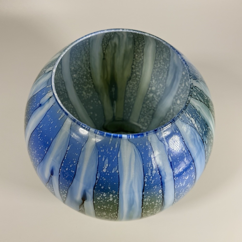 Vintage Art Glass, Hand Blown Rose Bowl Vase, Blue Green Watercolor‎ 7" - Picture 2 of 11